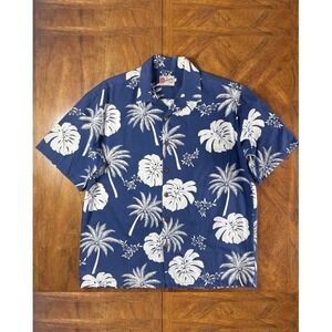 Hilo Hattie Hawaiian Shirt Blue White Palm Monstera 90s Vintage Cotton L